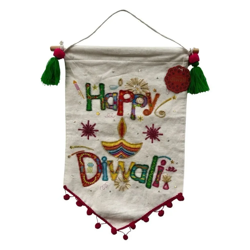 Happy Diwali Sequin Beaded Tassel Pom Fringed Cotton Banner NWT